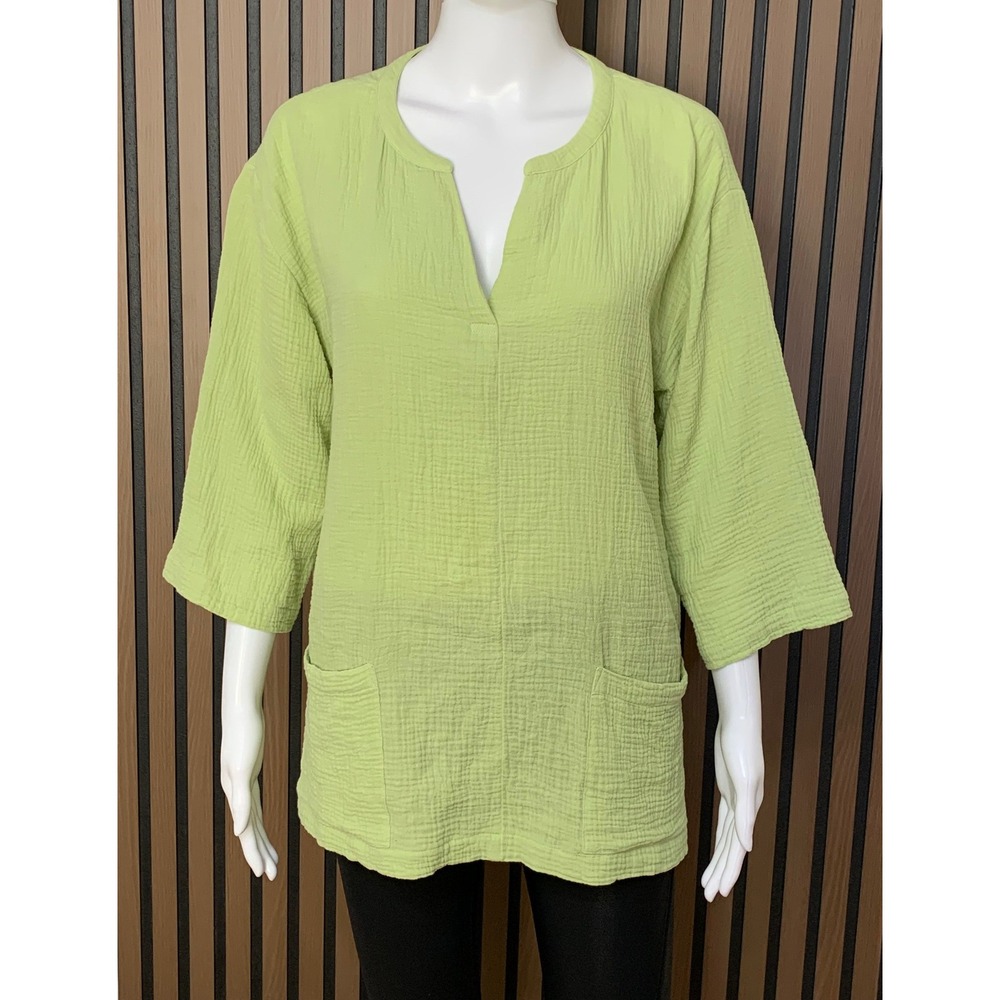 Soft Surroundings Lime Green Cotton Gauze Top Split Neck Pockets S Lagenlook